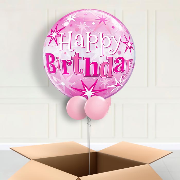 Pink Starburst Happy Birthday Bubble Balloon in a box - Bubble Balloon | Party Save Smile