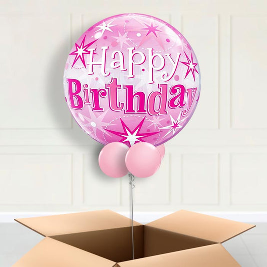 Pink Starburst Happy Birthday Bubble Balloon in a box - Bubble Balloon | Party Save Smile