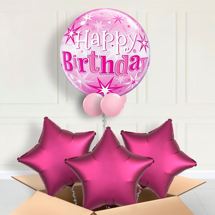 Pink Starburst Happy Birthday Bubble Balloon in a box - Bubble Balloon with 3 Balloons | Party Save Smile