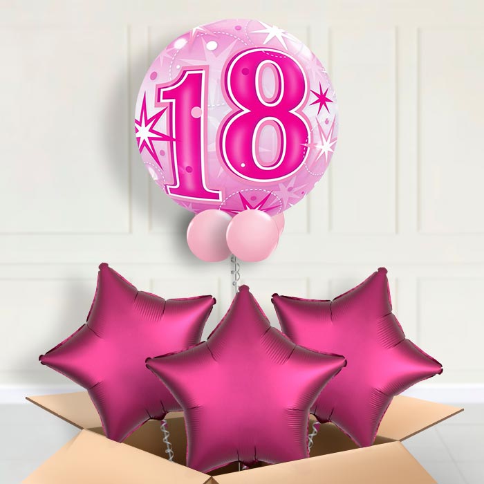 Age 18 Pink Starburst Bubble Balloon in a Box - Bubble Balloon with 3 Balloons | Party Save Smile