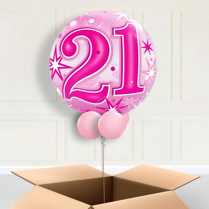 Age 21 Pink Starburst Bubble Balloon in a Box - Bubble Balloon | Party Save Smile