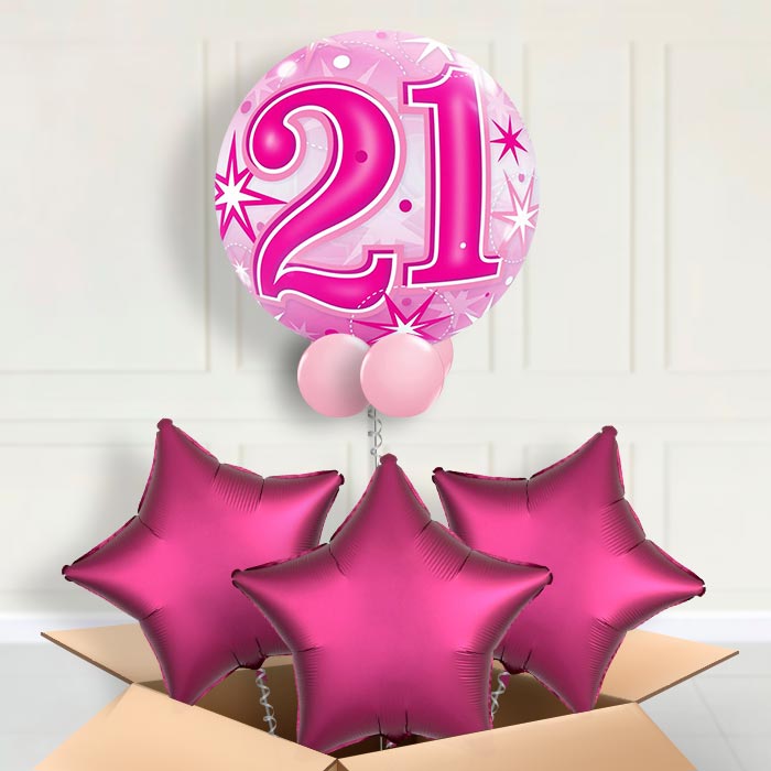 Age 21 Pink Starburst Bubble Balloon in a Box - Bubble Balloon with 3 Balloons | Party Save Smile