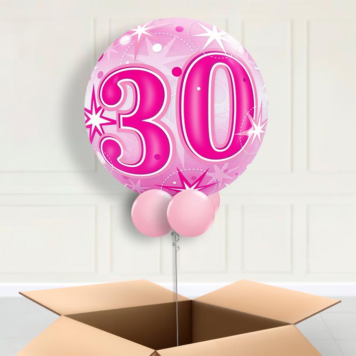 Age 30 Pink Starburst Bubble Balloon in a Box - Bubble Balloon | Party Save Smile