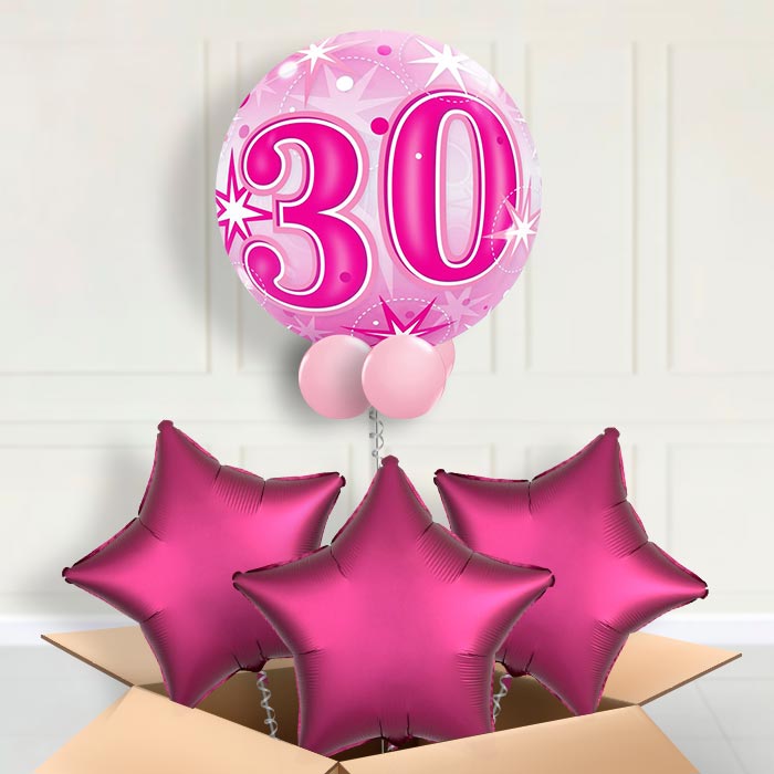 Age 30 Pink Starburst Bubble Balloon in a Box - Bubble Balloon with 3 Balloons | Party Save Smile