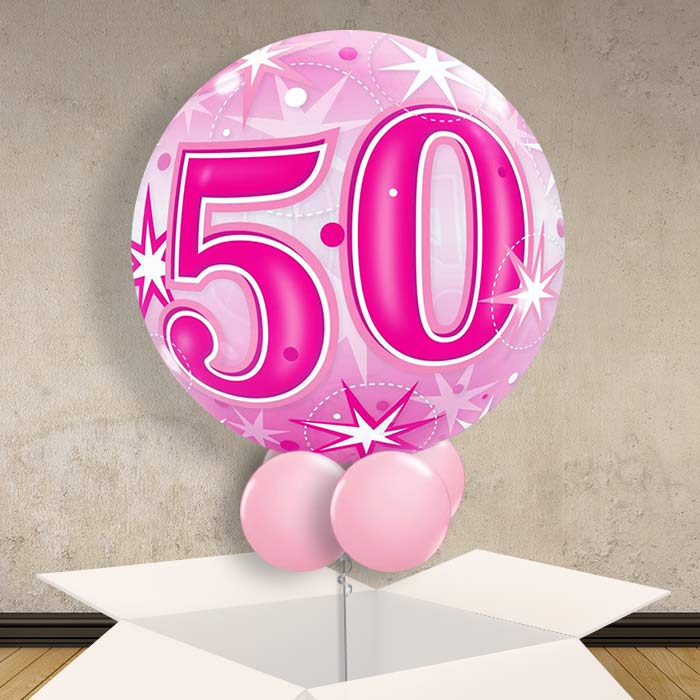 Age 50 Pink Starburst 22" Bubble Balloon in a Box