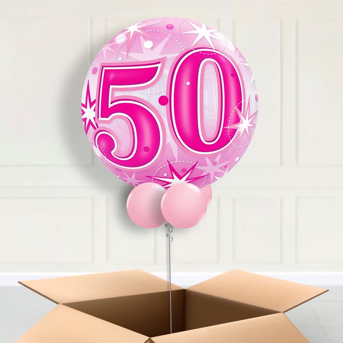 Age 50 Pink Starburst Bubble Balloon in a Box - Bubble Balloon | Party Save Smile