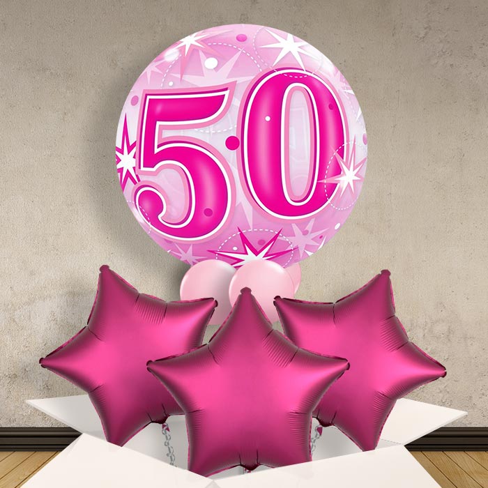 Age 50 Pink Starburst 22" Bubble Balloon in a Box