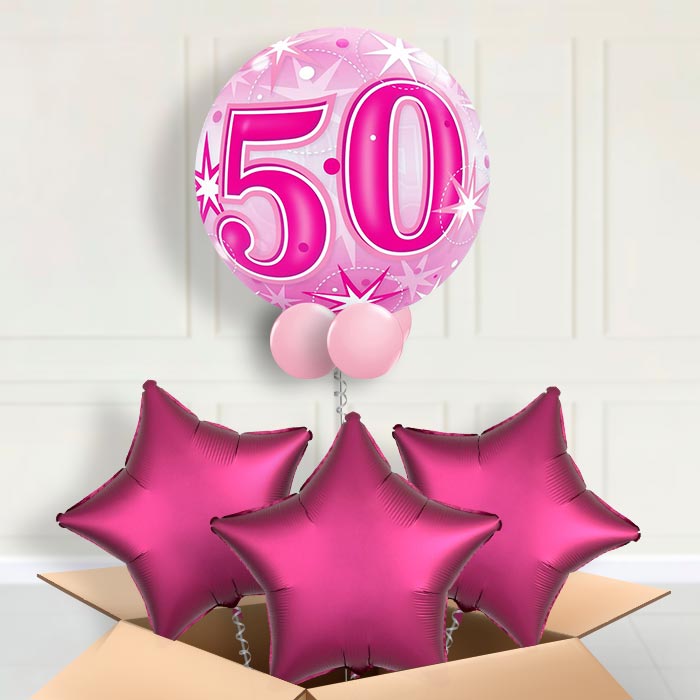 Age 50 Pink Starburst Bubble Balloon in a Box - Bubble Balloon with 3 Balloons | Party Save Smile