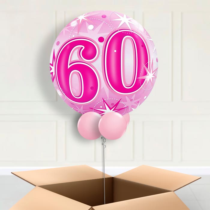 Age 60 Pink Starburst Bubble Balloon in a Box - Bubble Balloon | Party Save Smile
