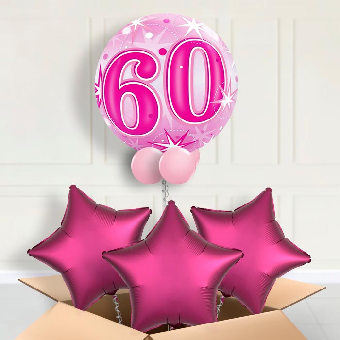 Age 60 Pink Starburst Bubble Balloon in a Box - Bubble Balloon with 3 Balloons | Party Save Smile