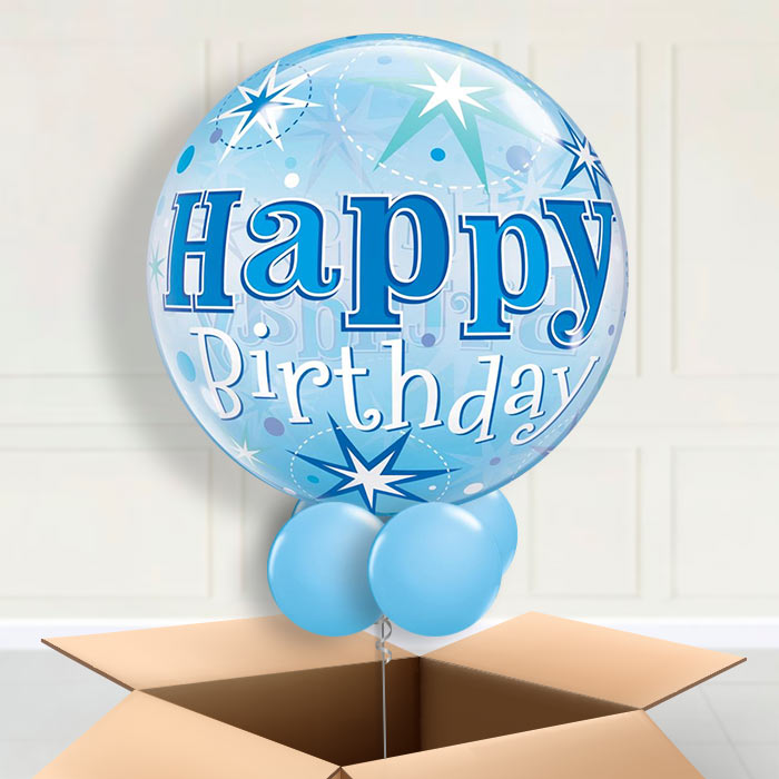 Blue Starburst Happy Birthday Bubble Balloon in a box - Bubble Balloon | Party Save Smile