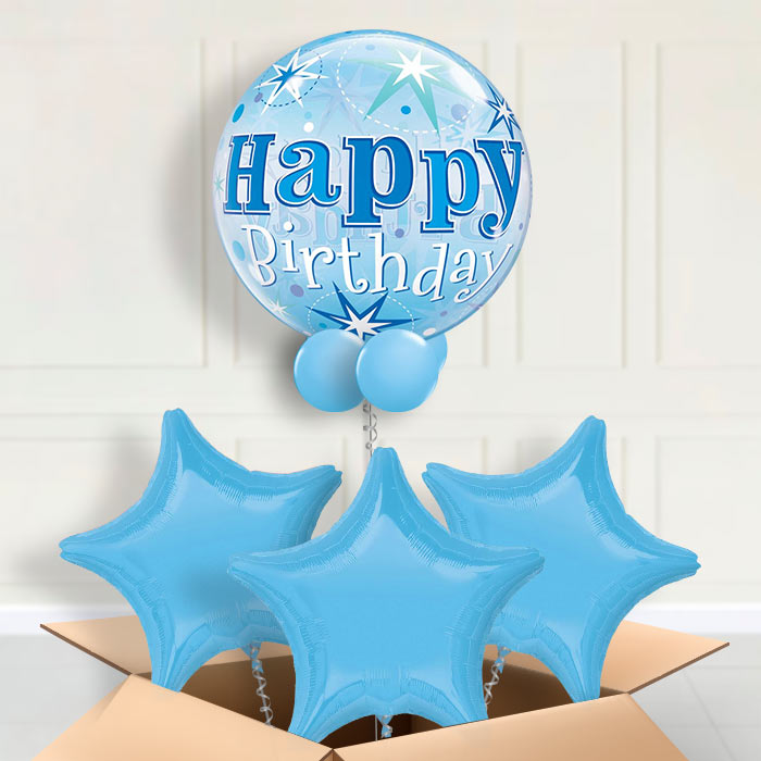 Blue Starburst Happy Birthday Bubble Balloon in a box - Bubble Balloon with 3 Balloons | Party Save Smile
