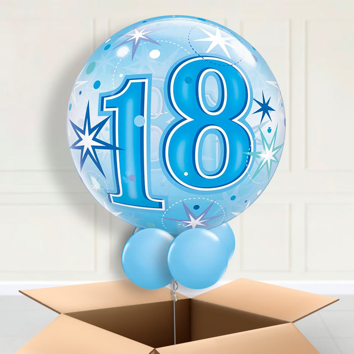 Age 18 Blue Starburst Bubble Balloon in a Box - Bubble Balloon | Party Save Smile