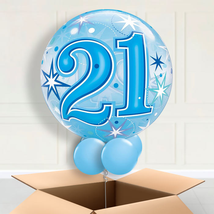Age 21 Blue Starburst Bubble Balloon in a Box - Bubble Balloon | Party Save Smile