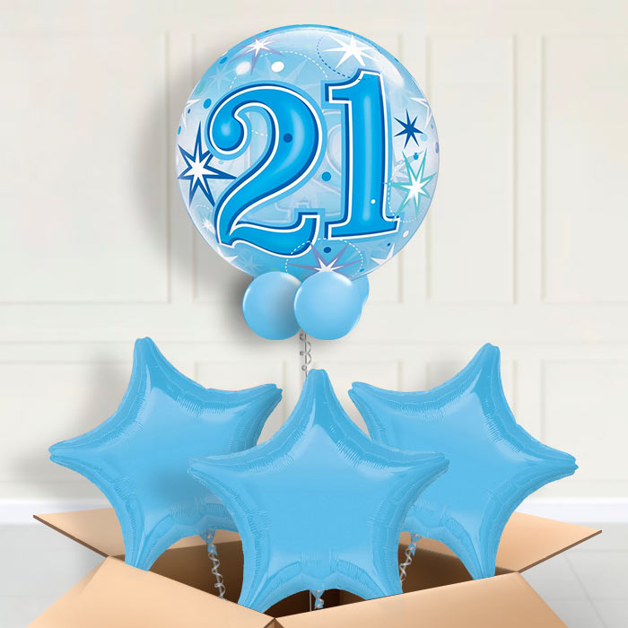 Age 21 Blue Starburst Bubble Balloon in a Box - Bubble Balloon with 3 Balloons | Party Save Smile