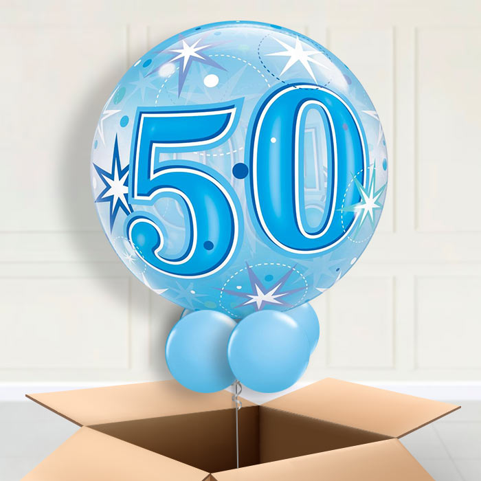Age 50 Blue Starburst Bubble Balloon in a Box - Bubble Balloon | Party Save Smile