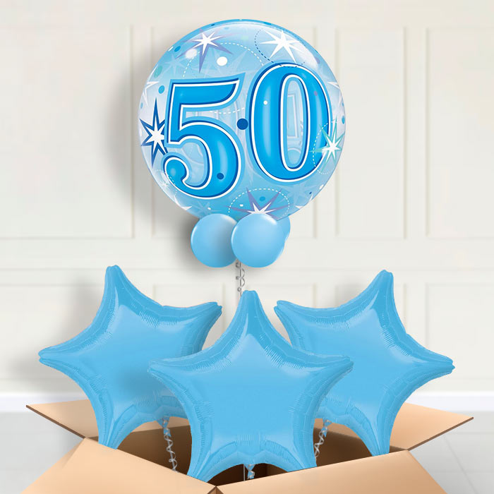 Age 50 Blue Starburst Bubble Balloon in a Box - Bubble Balloon with 3 Balloons | Party Save Smile