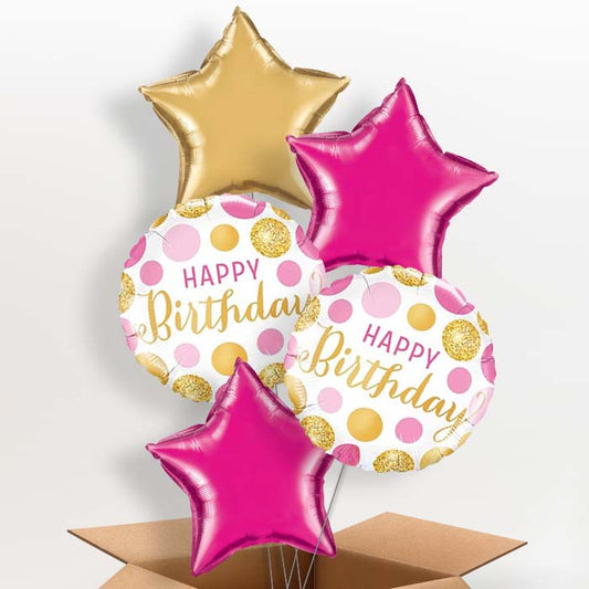 Pink & Gold Birthday Helium Balloons in a Box - 5 Balloon | Party Save Smile