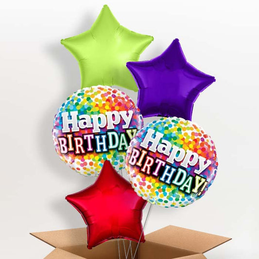 Colourful Confetti Happy Birthday Helium Balloons in a Box - 5 Balloon | Party Save Smile