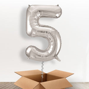 Big Silver Number 5 Helium Balloon Number in a Box