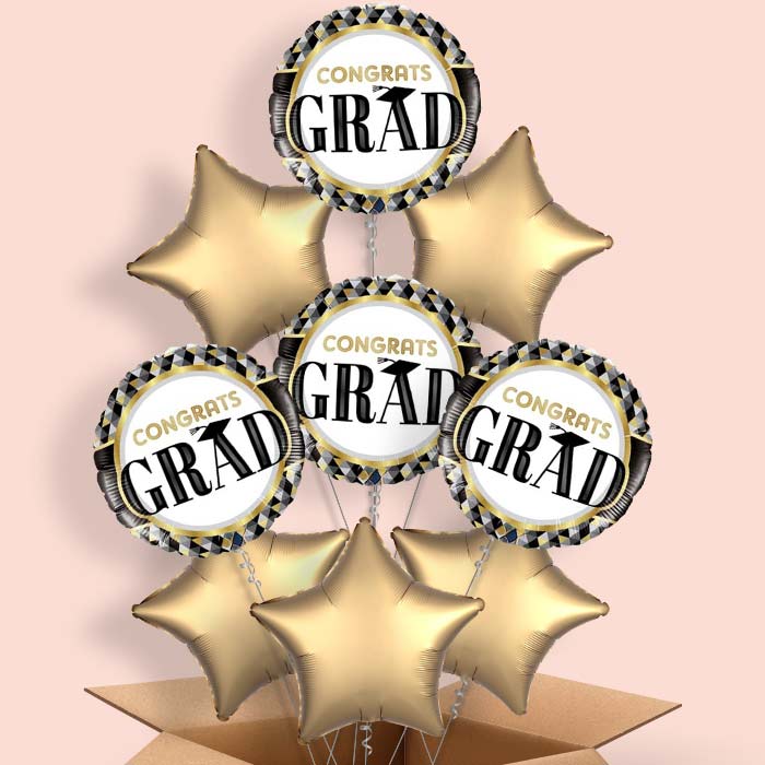 Black Gold Silver Graduation Helium Balloons Delivered - 9 Balloon | Party Save Smile