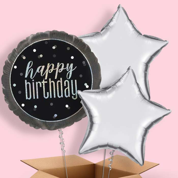 Black and Silver Holographic Happy Birthday Balloon in a Box - 3 Balloon | Party Save Smile