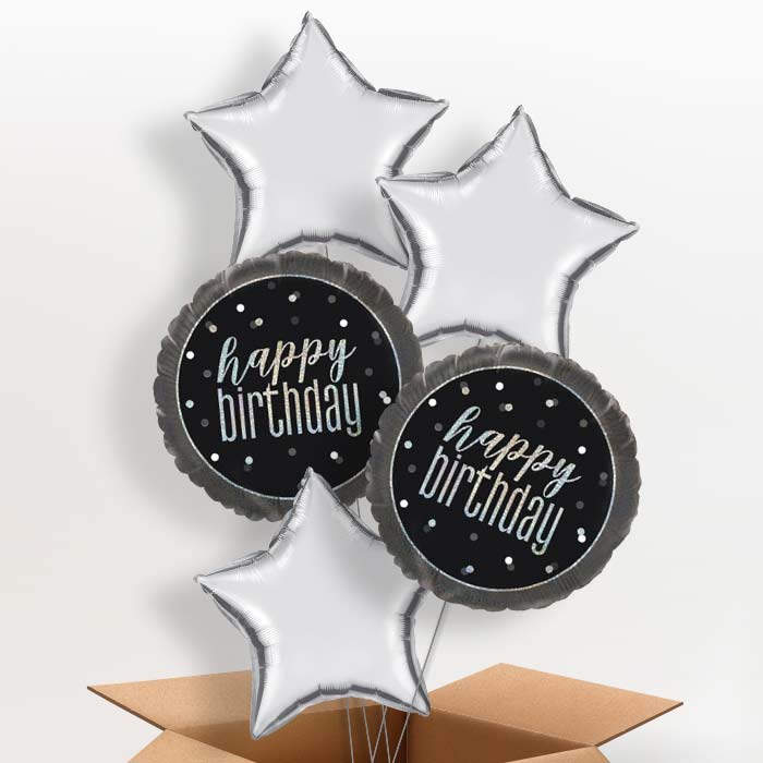 Black and Silver Holographic Happy Birthday Balloon in a Box - 5 Balloon | Party Save Smile