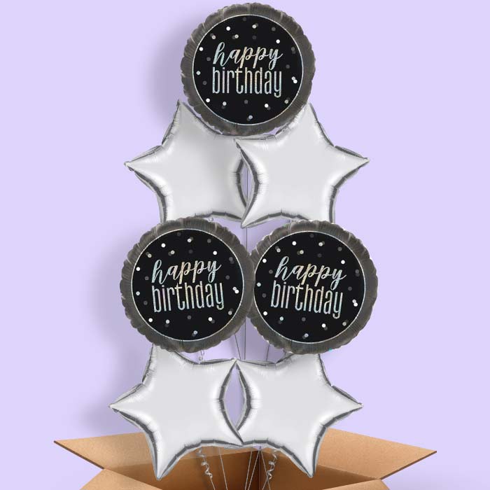 Black and Silver Holographic Happy Birthday Balloon in a Box - 7 Balloon | Party Save Smile