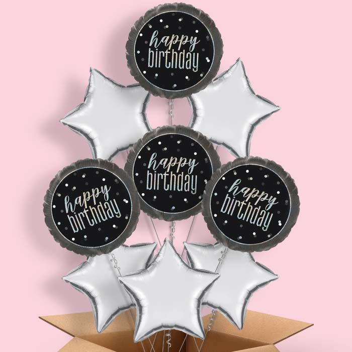 Black and Silver Holographic Happy Birthday Balloon in a Box - 9 Balloon | Party Save Smile