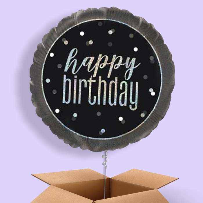 Black and Silver Holographic Happy Birthday Balloon in a Box - 1 Balloon | Party Save Smile