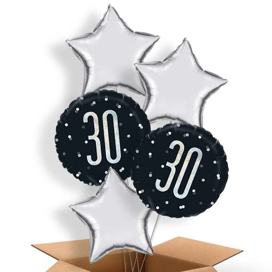 Black Silver 30th Helium Balloon Delivery in a Box - 5 Balloon | Party Save Smile