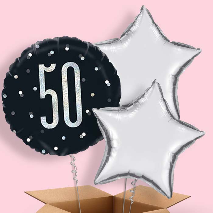 Black and Silver 50th Birthday Helium Balloons Delivered - 3 Balloon | Party Save Smile