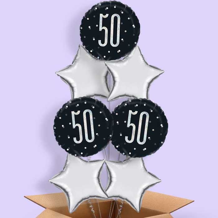 Black and Silver 50th Birthday Helium Balloons Delivered - 7 Balloon | Party Save Smile