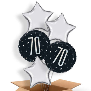 Black and Silver 70th Helium Balloons in a Box