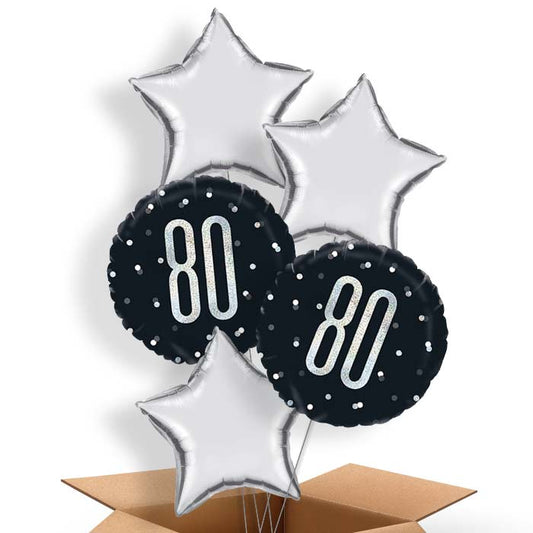 80th Birthday Helium Balloons Delivered - Black Silver - 5 Balloon | Party Save Smile