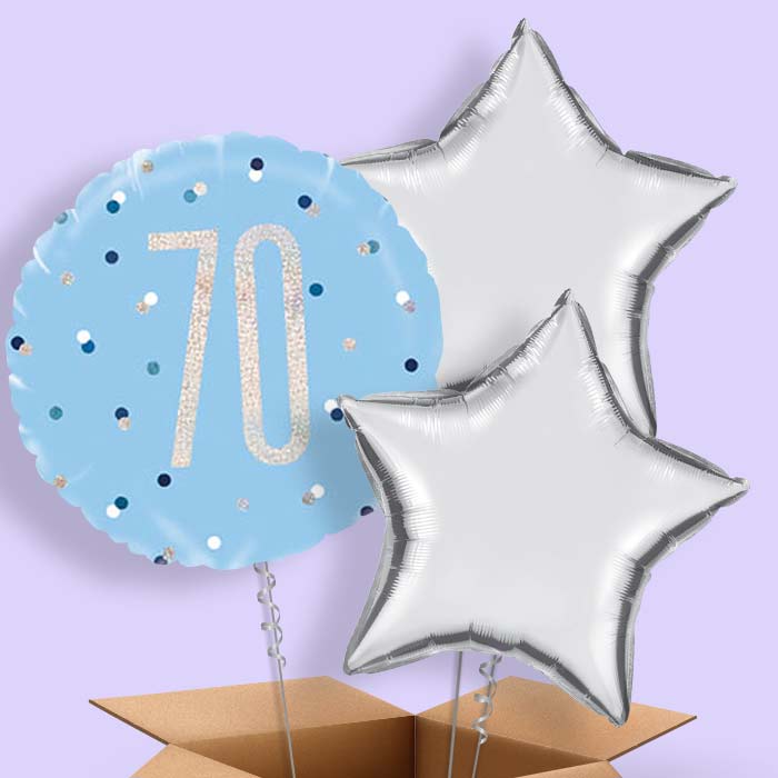 Blue and Silver Holographic 70th Birthday Balloon in a Box - 3 Balloon | Party Save Smile