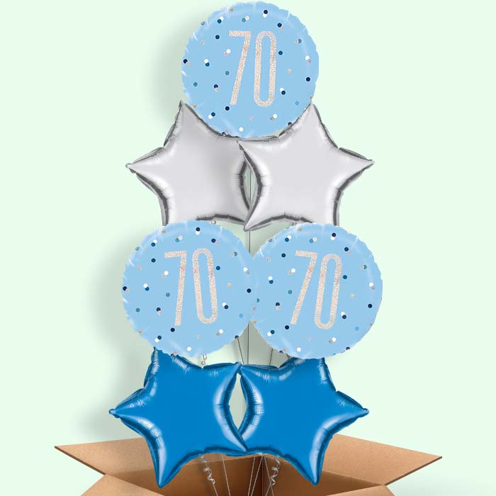 Blue and Silver Holographic 70th Birthday Balloon in a Box - 7 Balloon | Party Save Smile