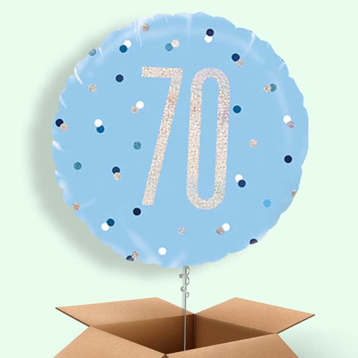 Blue and Silver Holographic 70th Birthday Balloon in a Box - 1 Balloon | Party Save Smile