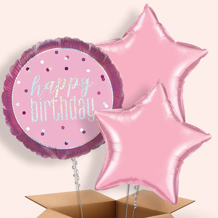 Pink and Silver Holographic Happy Birthday Balloon in a Box - 3 Balloon | Party Save Smile