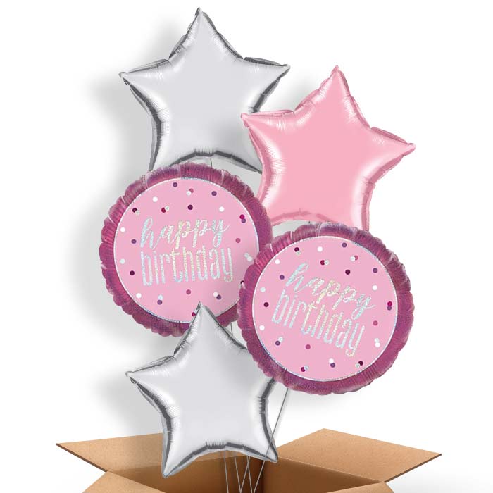 Pink and Silver Holographic Happy Birthday Balloon in a Box - 5 Balloon | Party Save Smile