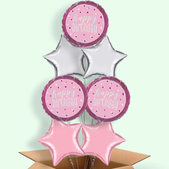 Pink and Silver Holographic Happy Birthday Balloon in a Box - 7 Balloon | Party Save Smile