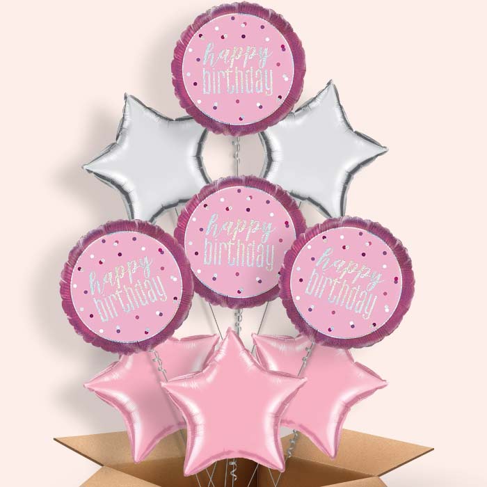 Pink and Silver Holographic Happy Birthday Balloon in a Box - 9 Balloon | Party Save Smile