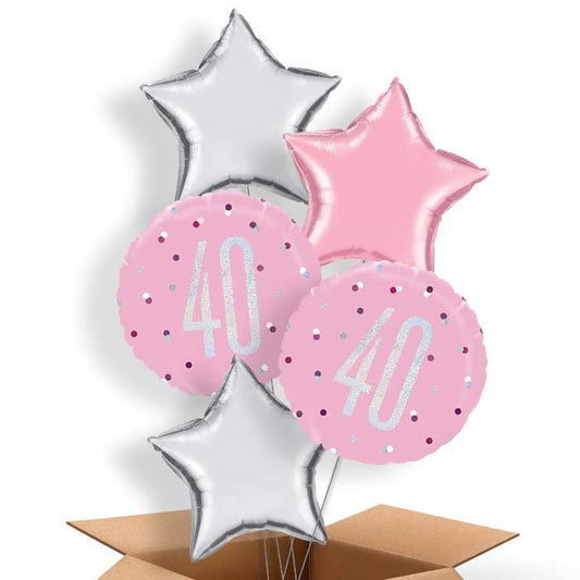 Pink and Silver 40th Birthday Helium Balloons in a Box - 5 Balloon | Party Save Smile