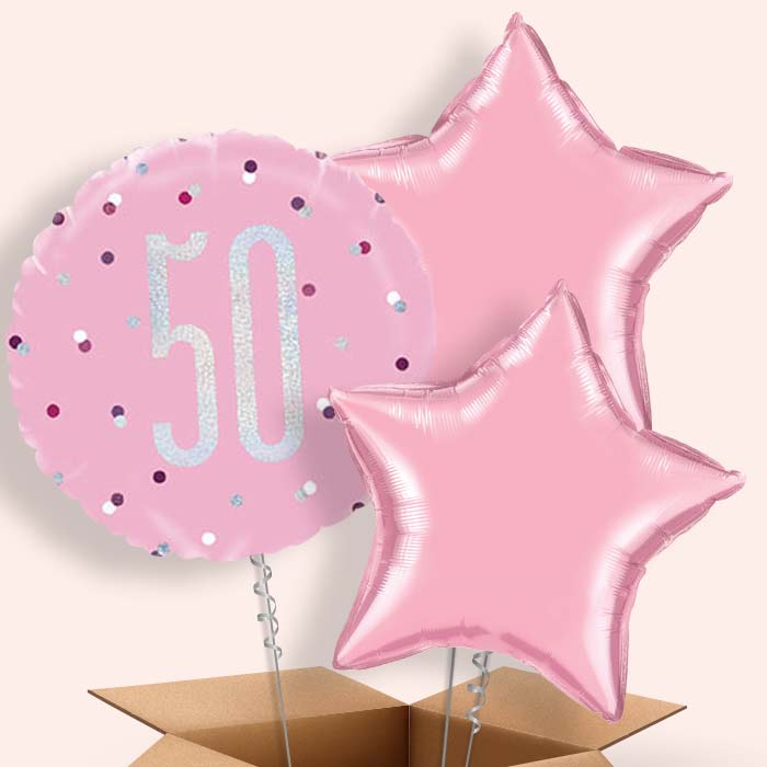 Pink and Silver 50th Birthday Helium Balloons in a Box - 3 Balloon | Party Save Smile