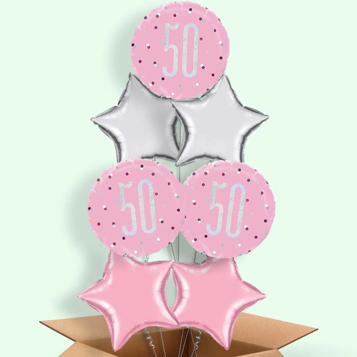 Pink and Silver 50th Birthday Helium Balloons in a Box - 7 Balloon | Party Save Smile