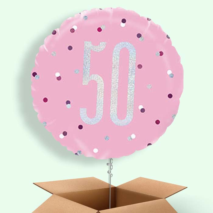 Pink and Silver 50th Birthday Helium Balloons in a Box - 1 Balloon | Party Save Smile