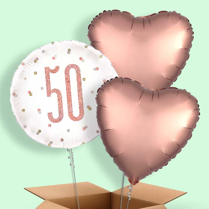 Rose Gold Holographic 50th Birthday Helium Balloon in a Box - 3 Balloon | Party Save Smile