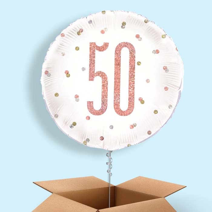Rose Gold Holographic 50th Birthday Helium Balloon in a Box - 1 Balloon | Party Save Smile