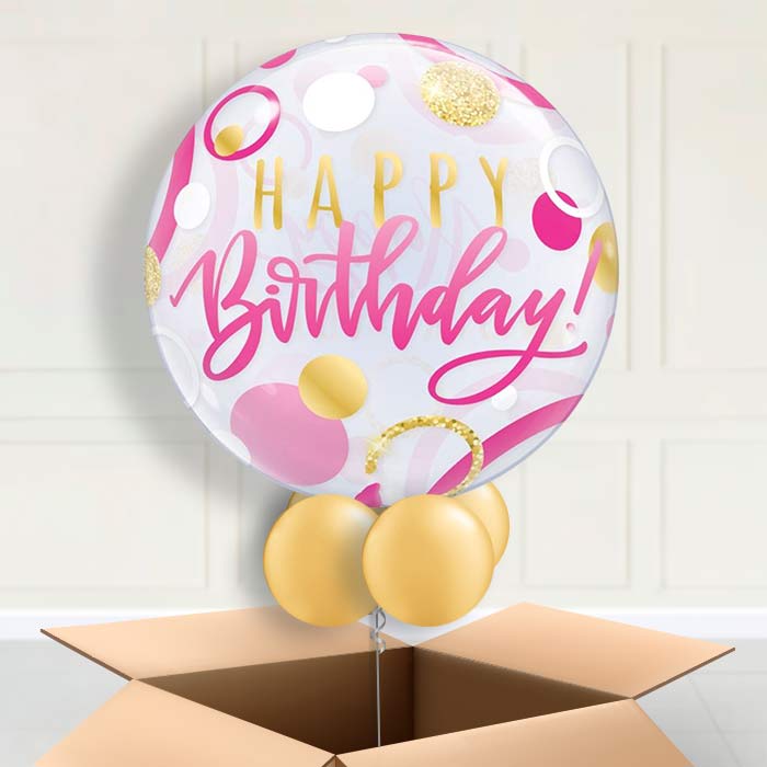 Pink and Gold Birthday Bubble Balloon in a Box - Bubble Balloon | Party Save Smile