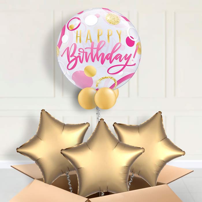 Pink and Gold Birthday Bubble Balloon in a Box - Bubble Balloon with 3 Balloons | Party Save Smile